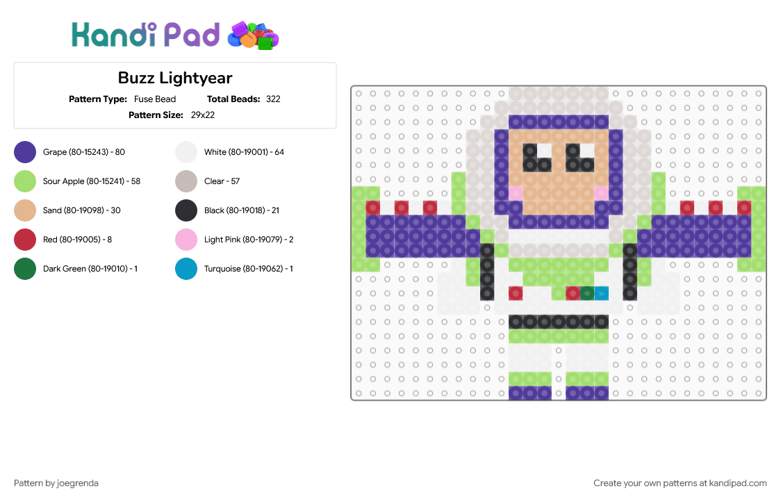 Buzz Lightyear - Fuse Bead Pattern by joegrenda on Kandi Pad - beige, green, purple