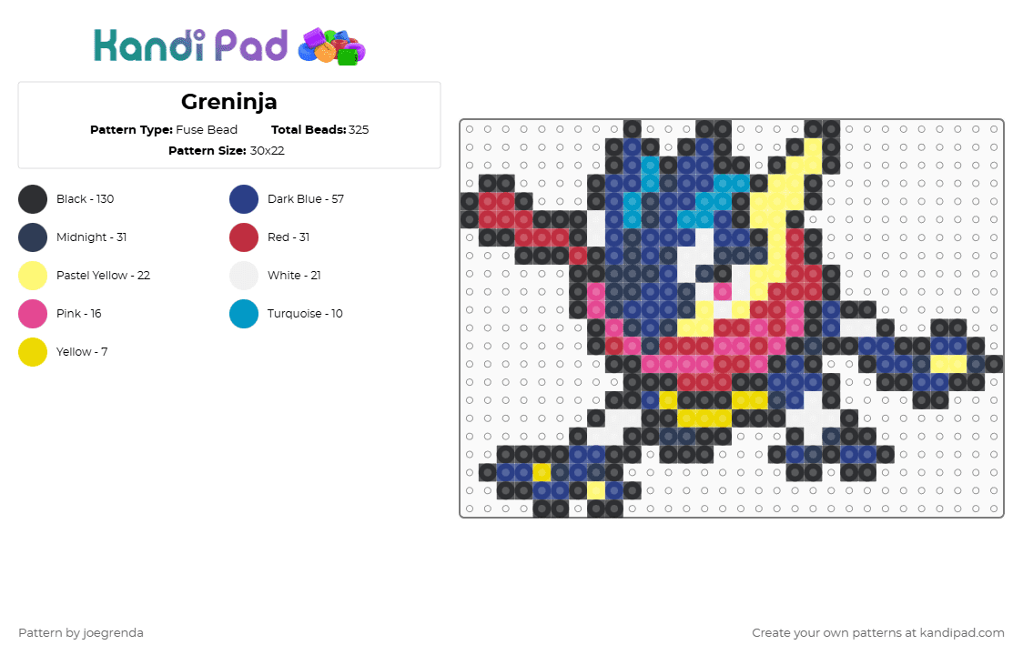 Greninja - Fuse Bead Pattern by joegrenda on Kandi Pad - purple,blue,yellow,red
