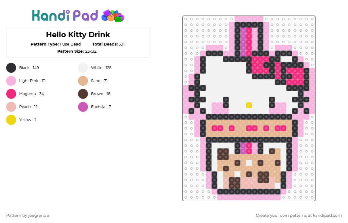 Hello Kitty Drink - Fuse Bead Pattern by joegrenda on Kandi Pad - pink,beige