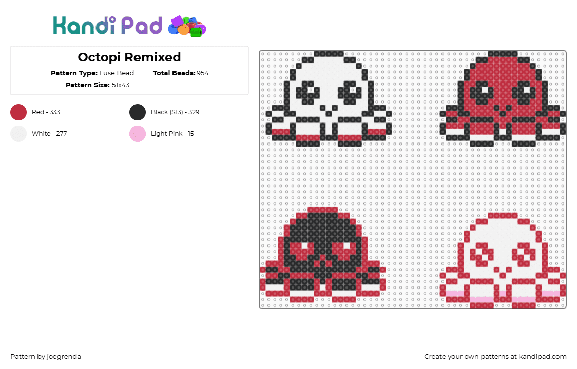 Octopi Remixed - Fuse Bead Pattern by joegrenda on Kandi Pad - octopus,animal,kawaii,fish,cute,character,charms,white,black,red