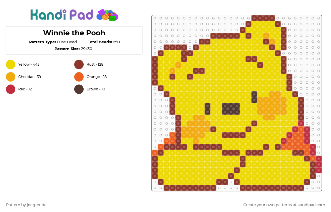 Winnie the Pooh - Fuse Bead Pattern by joegrenda on Kandi Pad - winnie the pooh,pooh bear,disney,cartoon,children's book,movie,character,yellow