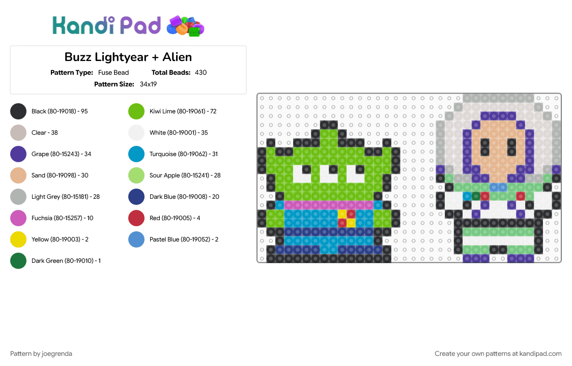 Buzz Lightyear + Alien - Fuse Bead Pattern by joegrenda on Kandi Pad - beige, green, light blue, purple