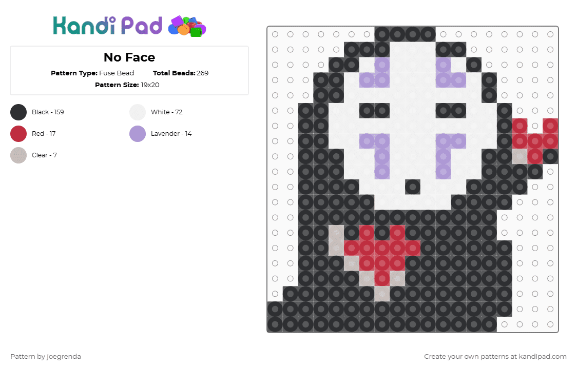 No Face - Fuse Bead Pattern by joegrenda on Kandi Pad - black,white,red,pink