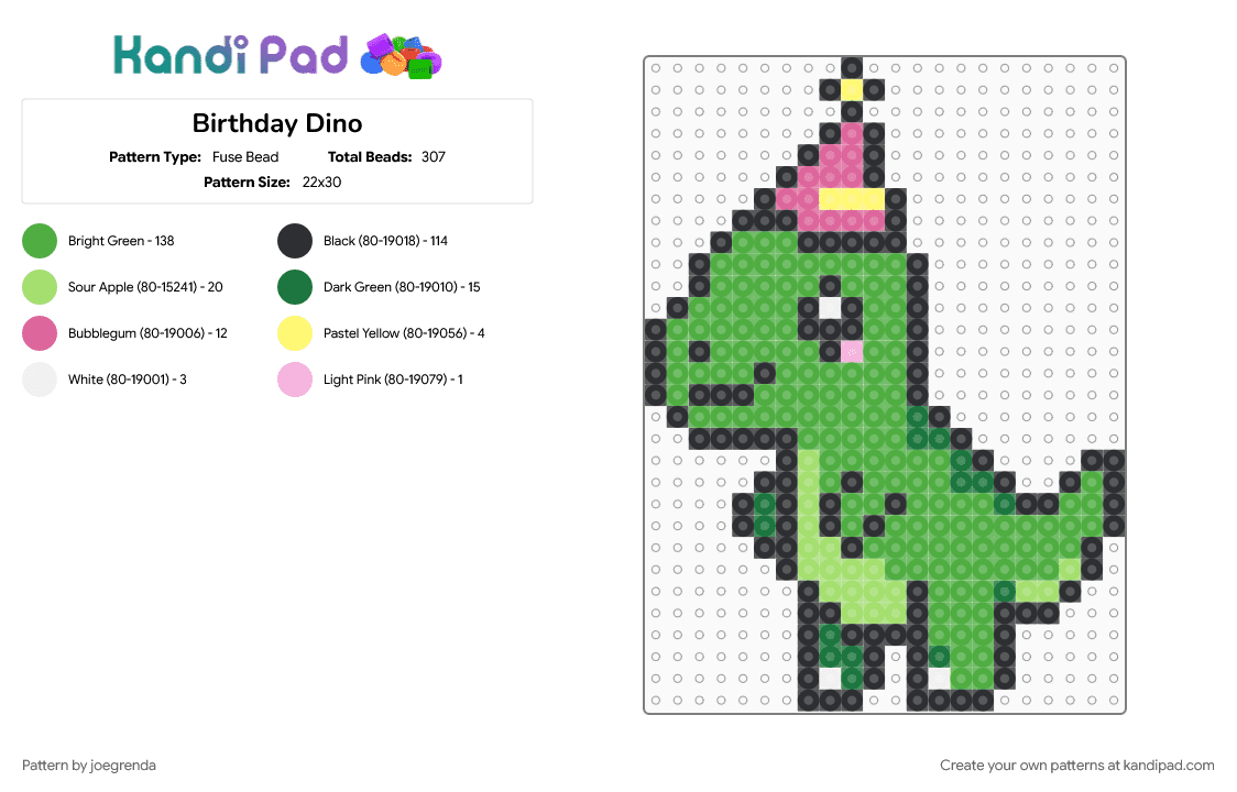 Birthday Dino - Fuse Bead Pattern by joegrenda on Kandi Pad - green