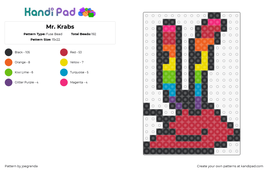 Mr. Krabs - Fuse Bead Pattern by joegrenda on Kandi Pad - mr krabs,spongebob squarepants,head,character,crab,eyes,colorful,red