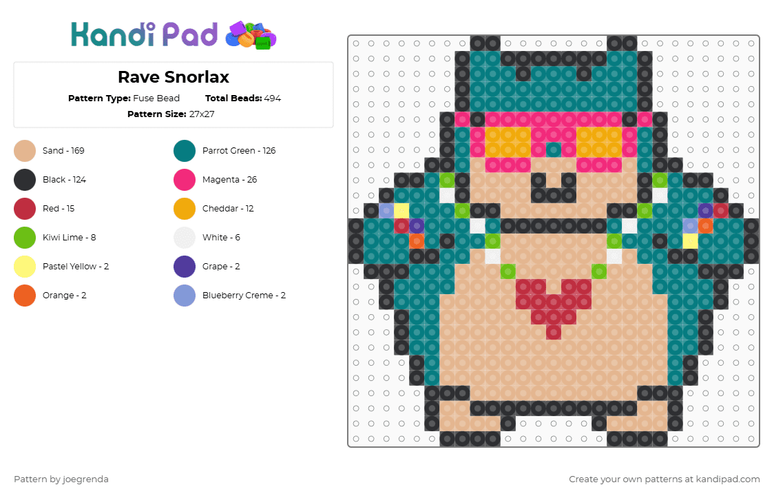 Rave Snorlax - Fuse Bead Pattern by joegrenda on Kandi Pad - beige,teal