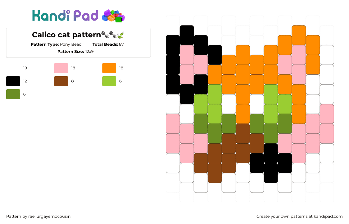 Calico cat pattern🐾🐾🍃 - Pony Bead Pattern by rae_urgayemocousin on Kandi Pad - cat,calico,animal,head,charm,orange