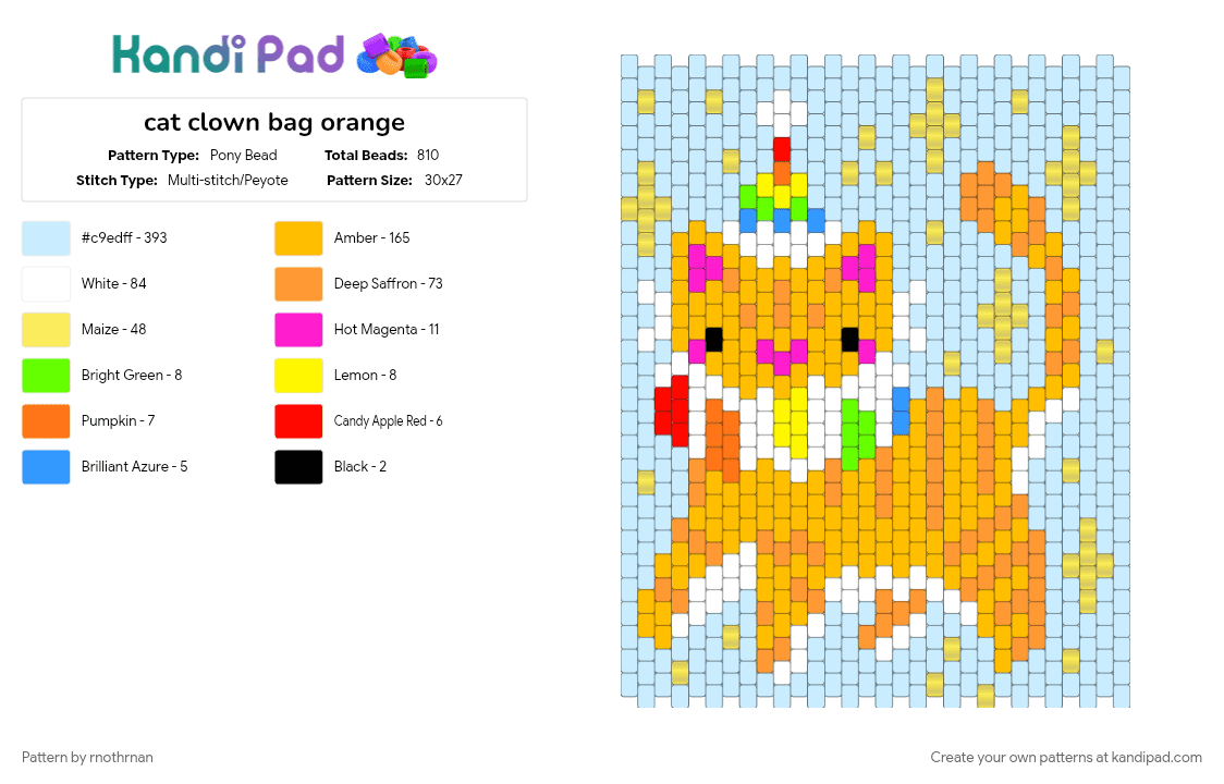 cat clown bag orange - Pony Bead Pattern by rnothrnan on Kandi Pad - light blue, yellow