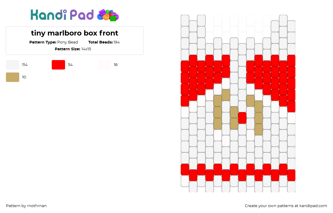 tiny marlboro box front - Pony Bead Pattern by rnothrnan on Kandi Pad - white,red