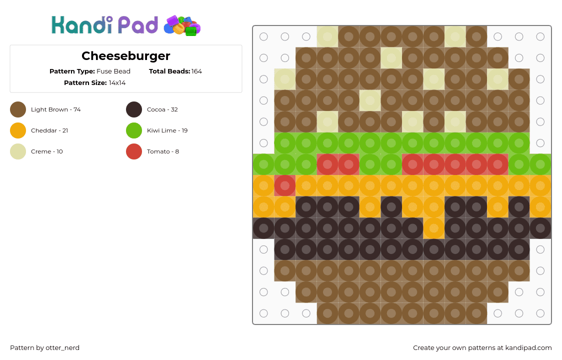 Cheeseburger - Fuse Bead Pattern by otter_nerd on Kandi Pad - cheeseburger,food,sandwich,charm,lettuce,bun,bread,tan,brown,yellow,green