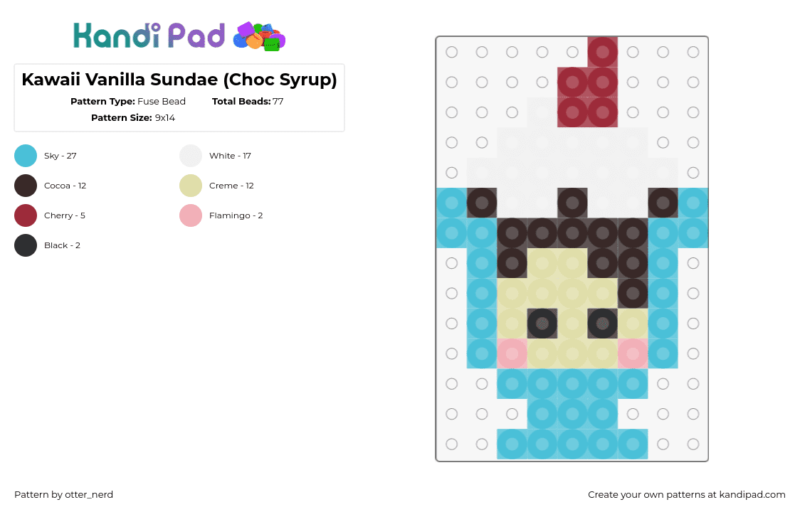 Kawaii Vanilla Sundae (Choc Syrup) - Fuse Bead Pattern by otter_nerd on Kandi Pad - sundae,ice cream,kawaii,charm,dessert,strawberry,teal,light blue,white