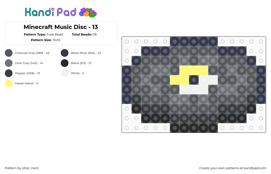 Minecraft Music Disc - 13 - Fuse Bead Pattern by otter_nerd on Kandi Pad - minecraft,musicdisc,gray