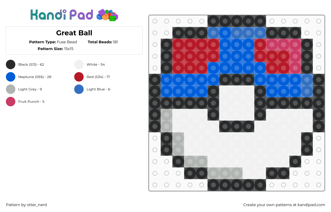 Great Ball - Fuse Bead Pattern by otter_nerd on Kandi Pad - great ball,pokeball,pokemon,gaming,blue,red,white