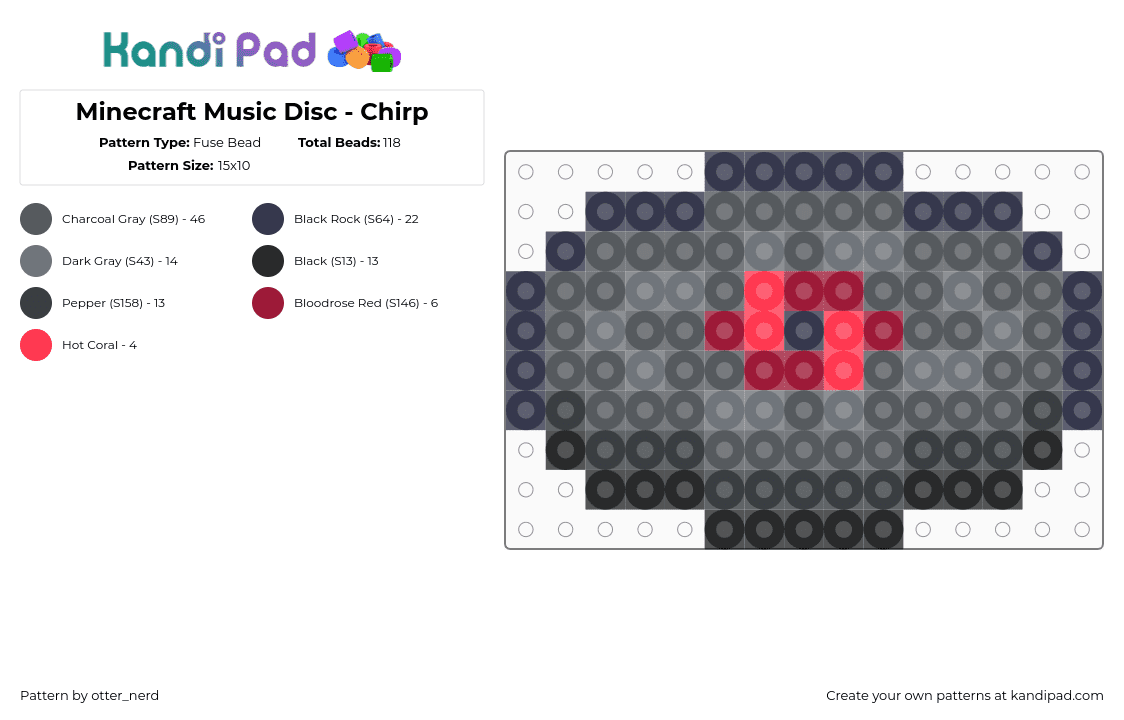 Minecraft Music Disc - Chirp - Fuse Bead Pattern by otter_nerd on Kandi Pad - minecraft,musicdisc,gray