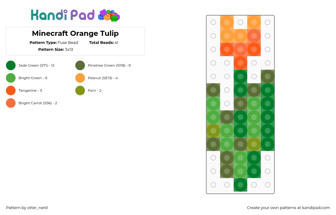 Minecraft Orange Tulip - Fuse Bead Pattern by otter_nerd on Kandi Pad - tulip,minecraft,flower,video game,charm,green,orange