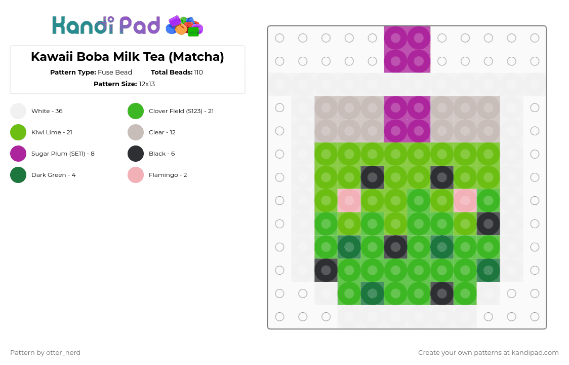 Kawaii Boba Milk Tea (Matcha) - Fuse Bead Pattern by otter_nerd on Kandi Pad - green,food,kawaii,boba,tea,matcha
