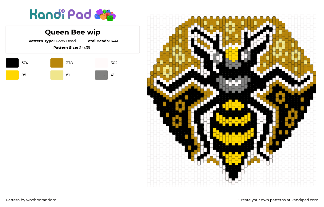 Queen Bee wip - Pony Bead Pattern by woohoorandom on Kandi Pad - bee,insect,queen,stripes,black,yellow