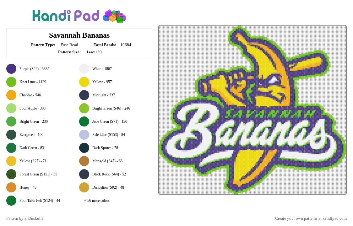 Savannah Bananas - Fuse Bead Pattern by ali3nskulls on Kandi Pad - green,purple,orange,yellow,baseball,sports,banana,bat,funny,silly