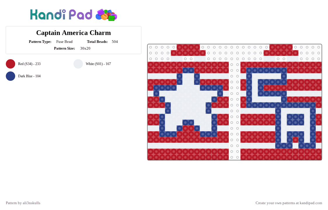 Captain America Charm - Fuse Bead Pattern by ali3nskulls on Kandi Pad - america, avengers, blue, captain america, marvel, red, steve rogers, white