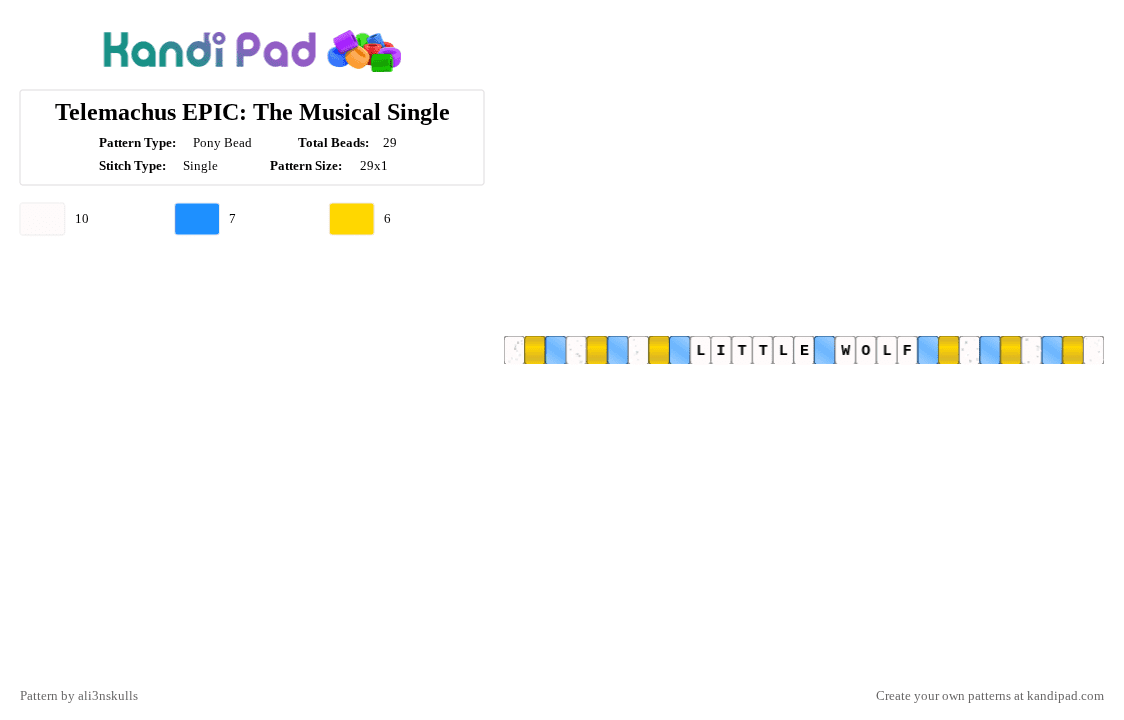 Telemachus EPIC: The Musical Single - Pony Bead Pattern by ali3nskulls on Kandi Pad - epic, gods, greek, light blue, little, musical, telemachus, the odyssey, wolf, yellow