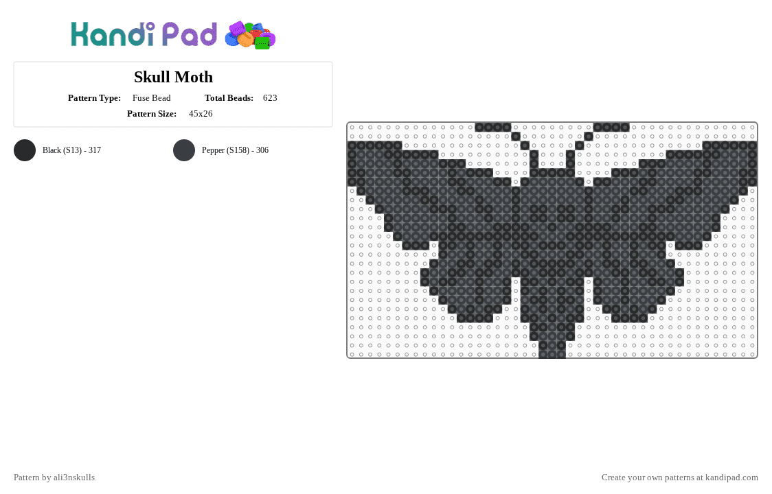 Skull Moth - Fuse Bead Pattern by ali3nskulls on Kandi Pad - black,skull,spooky,halloween,bug,moth,cotdinsects,gray