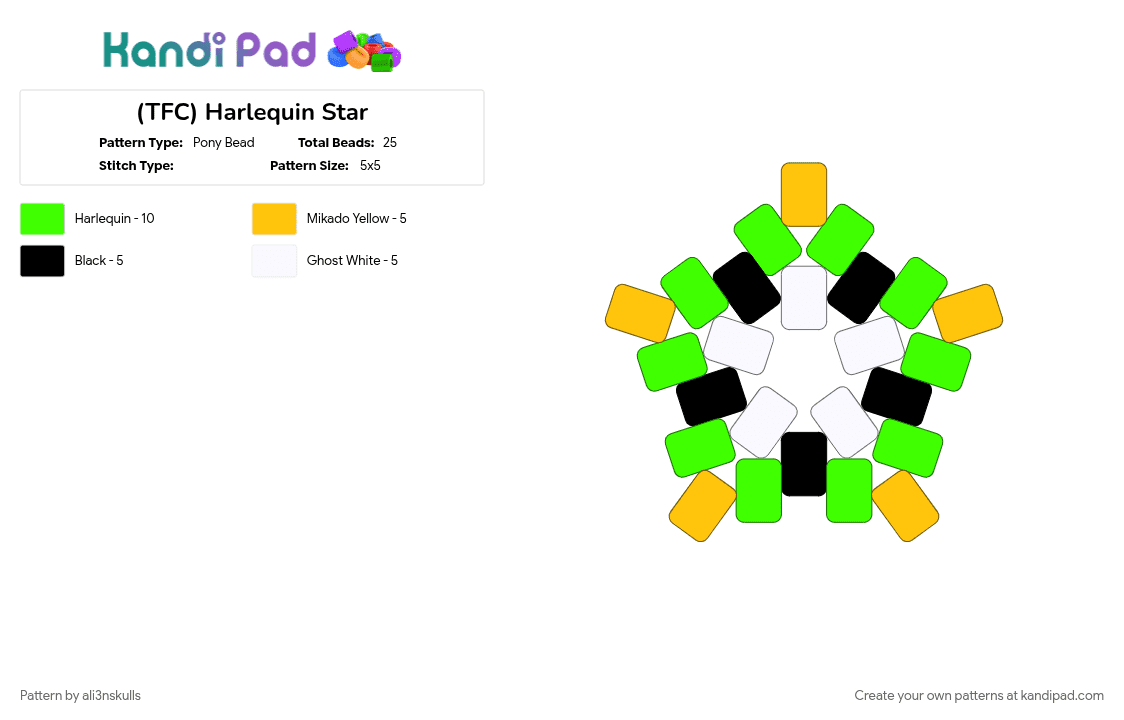 (TFC) Harlequin Star - Pony Bead Pattern by ali3nskulls on Kandi Pad - green, yellow