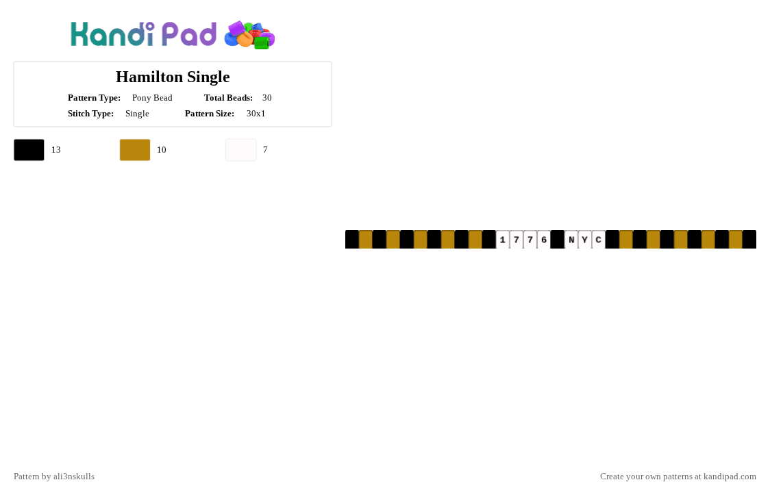 Hamilton Single - Pony Bead Pattern by ali3nskulls on Kandi Pad - white,gold,hamilton,musical,black,yellow,1776,nyc,new york city,broadway