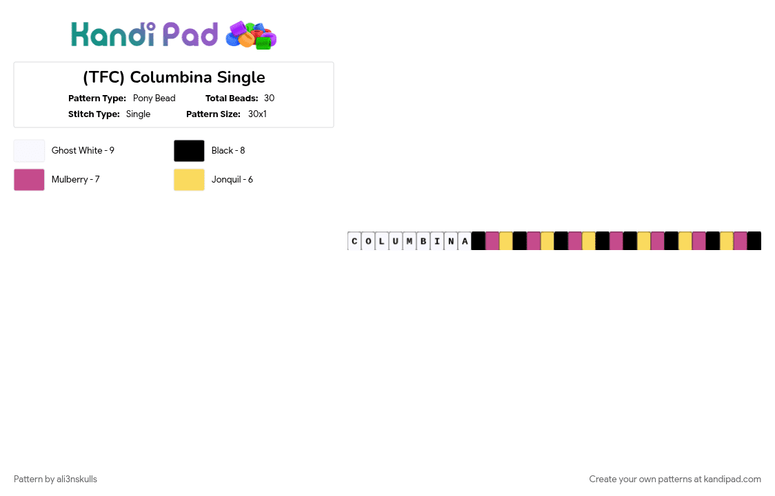 (TFC) Columbina Single - Pony Bead Pattern by ali3nskulls on Kandi Pad - pink, yellow