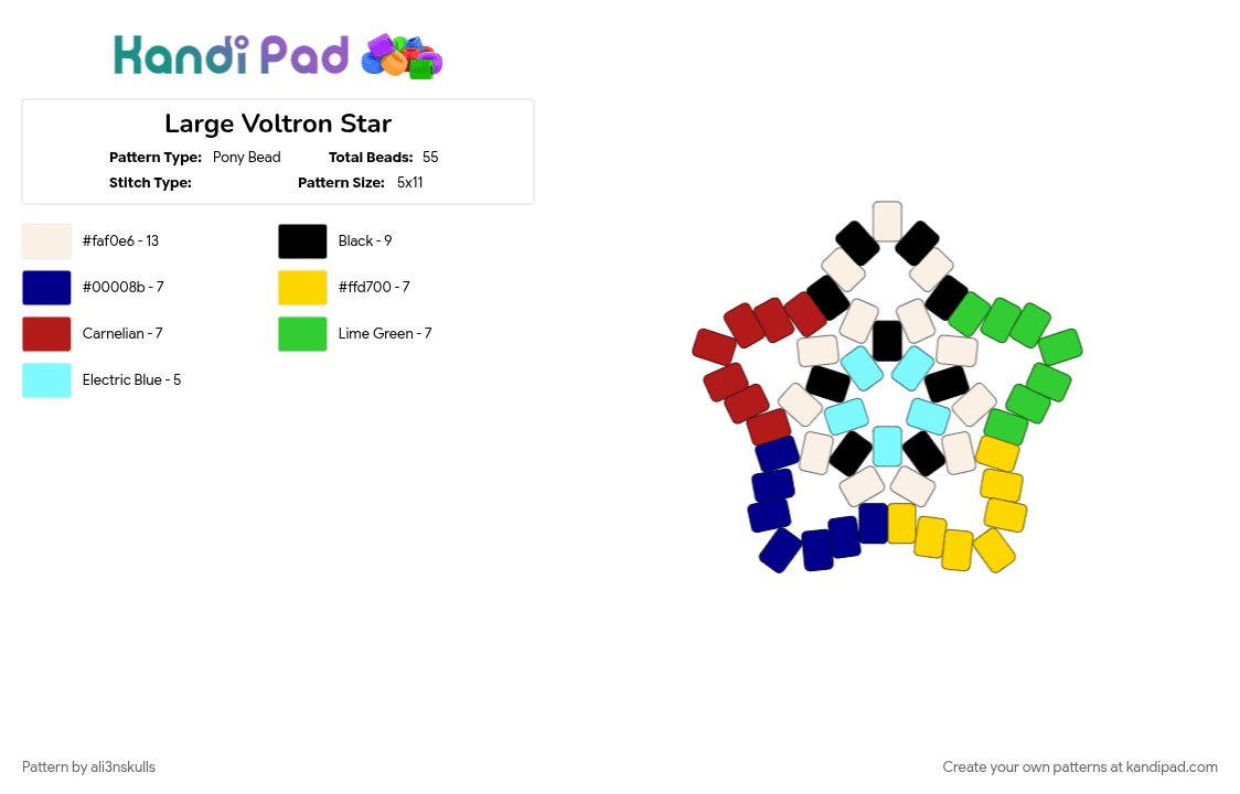 Large Voltron Star - Pony Bead Pattern by ali3nskulls on Kandi Pad - green, purple, red, yellow