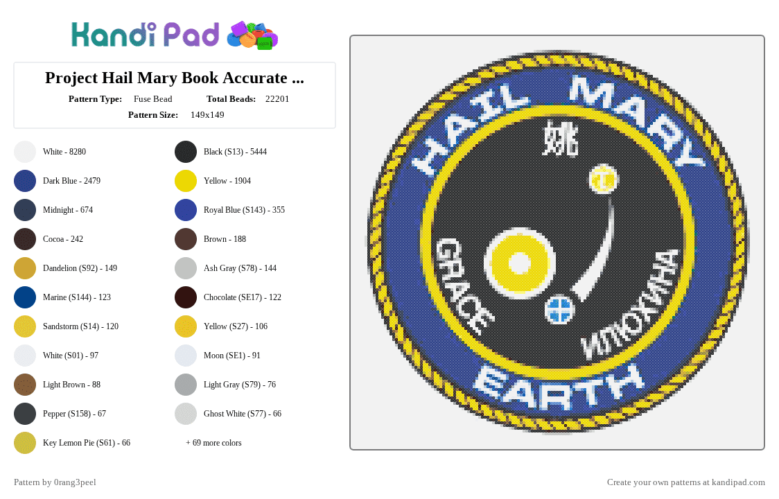 Project Hail Mary Book Accurate Mission Patch - Fuse Bead Pattern by ali3nskulls on Kandi Pad - white,yellow,purple,colorful