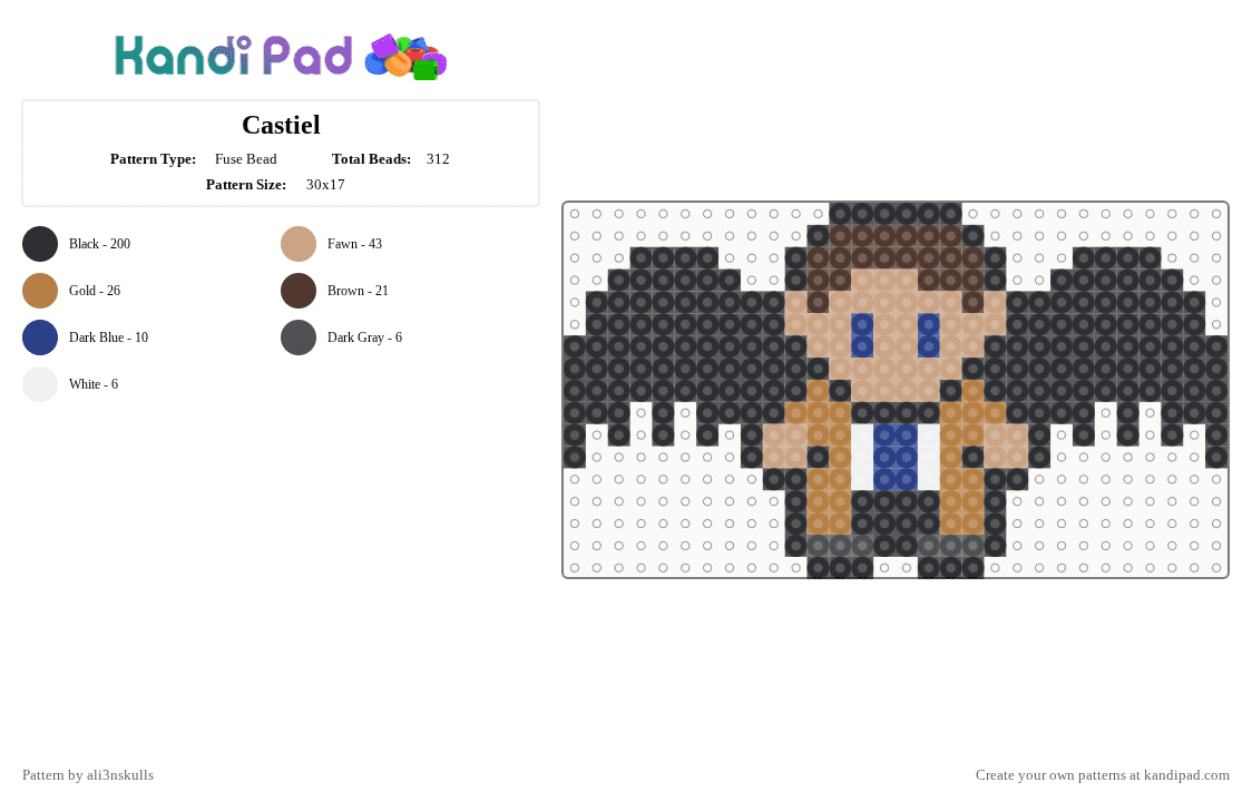 Castiel - Fuse Bead Pattern by ali3nskulls on Kandi Pad - black,brown,beige,tan