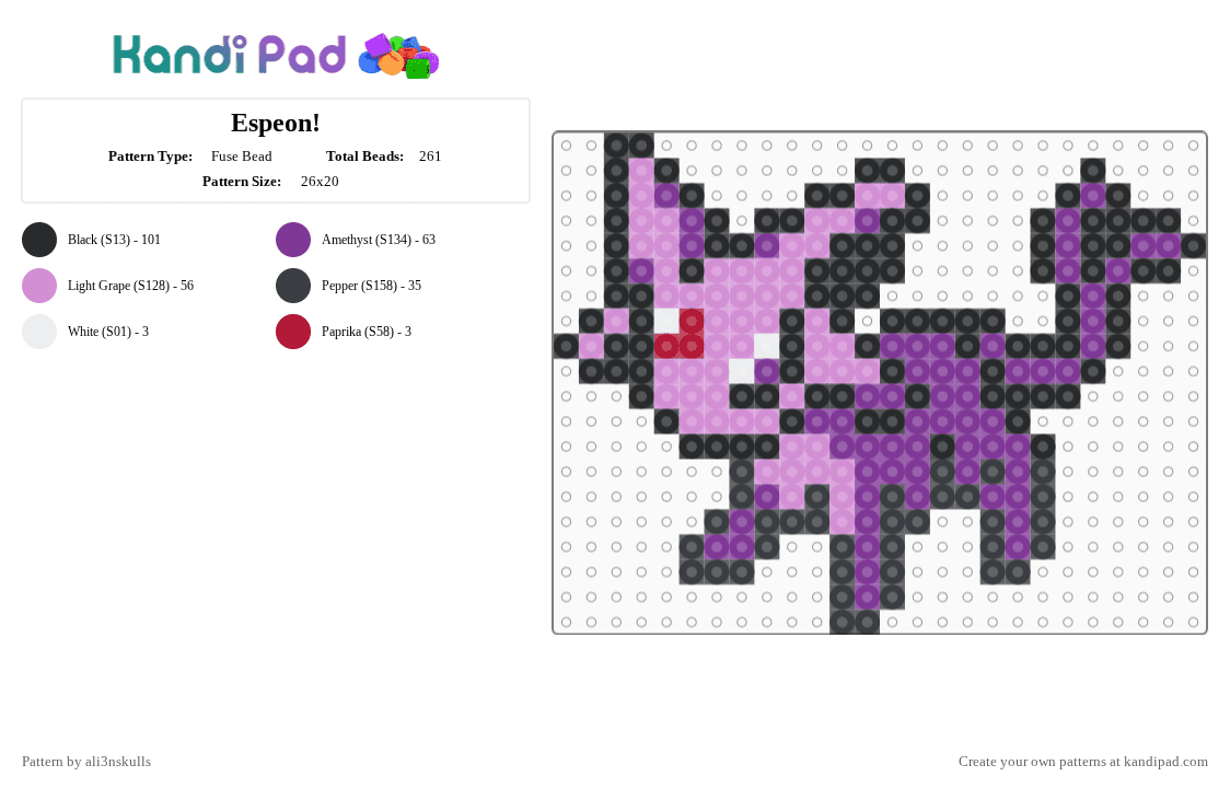 Espeon! - Fuse Bead Pattern by ali3nskulls on Kandi Pad - pink,pokemon,purple,light purple,red