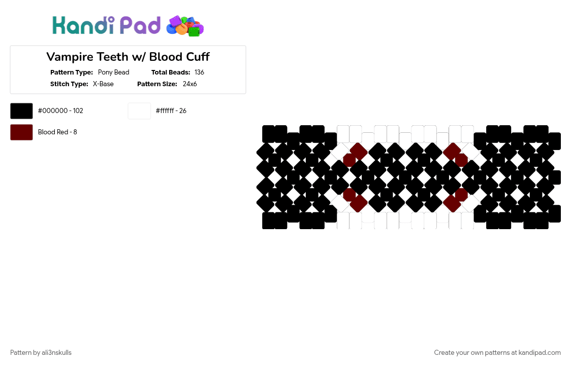 Vampire Teeth w/ Blood Cuff - Pony Bead Pattern by ali3nskulls on Kandi Pad - black, white
