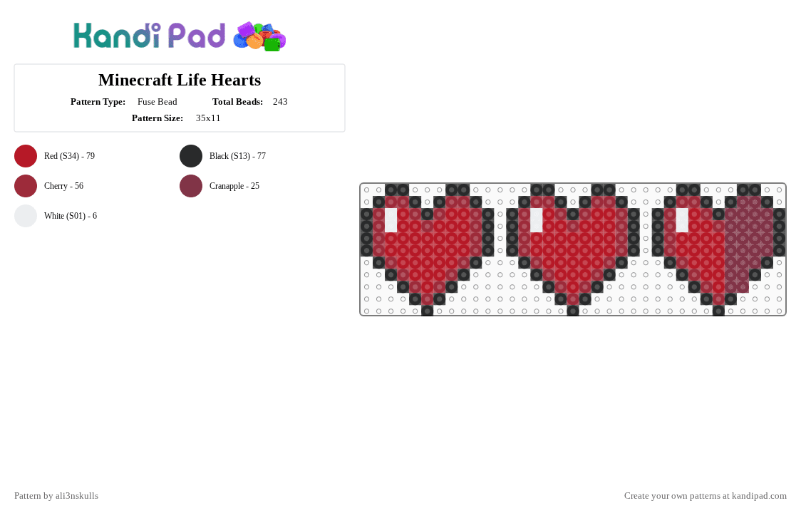 Minecraft Life Hearts - Fuse Bead Pattern by ali3nskulls on Kandi Pad - red,minecraft,heart,videogames,games,survival,creative,life