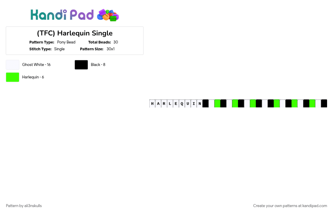 (TFC) Harlequin Single - Pony Bead Pattern by ali3nskulls on Kandi Pad - green, white