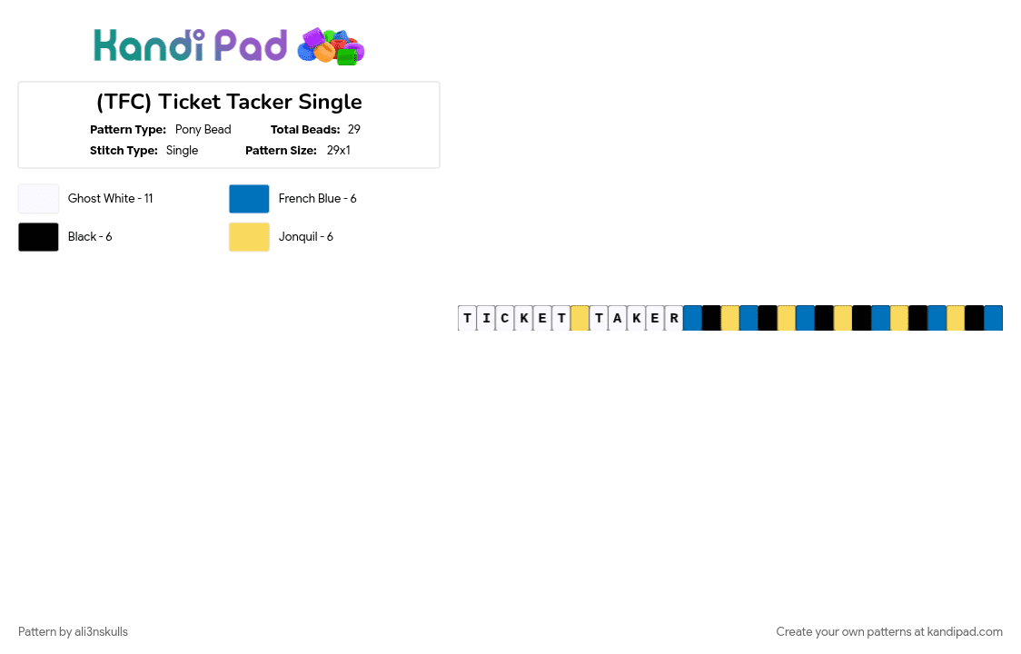(TFC) Ticket Tacker Single - Pony Bead Pattern by ali3nskulls on Kandi Pad - blue, yellow
