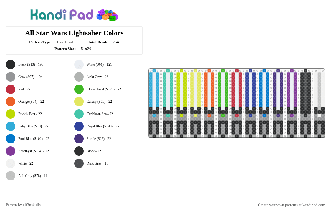 All Star Wars Lightsaber Colors - Fuse Bead Pattern by ali3nskulls on Kandi Pad - gray,beige,green,purple,star wars,lightsaber,force,may the fourth,may the force be with you,yoda,darth vader,space