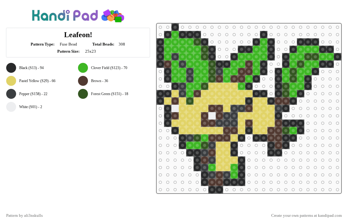 Leafeon! - Fuse Bead Pattern by ali3nskulls on Kandi Pad - yellow,green,pokemon,nature,silly,leafeon