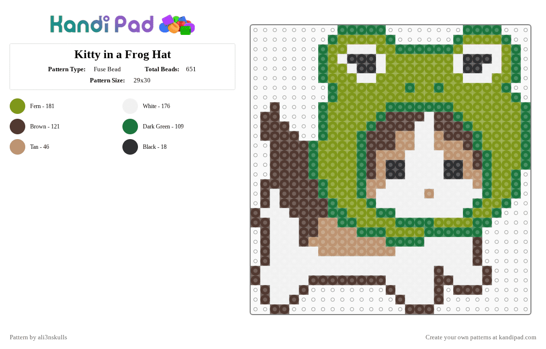 Kitty in a Frog Hat - Fuse Bead Pattern by ali3nskulls on Kandi Pad - green,gold,brown