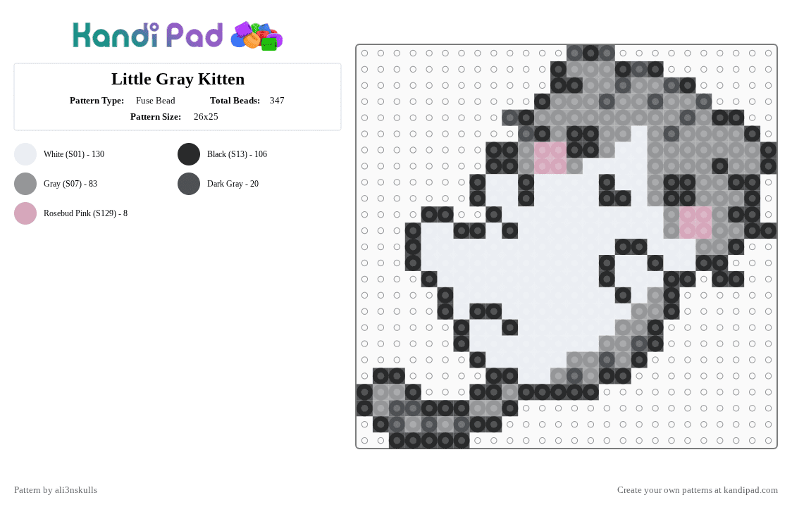 Little Gray Kitten - Fuse Bead Pattern by ali3nskulls on Kandi Pad - gray,cotdadoptionevent,kitten,cat,cute,white,paws,fluffy