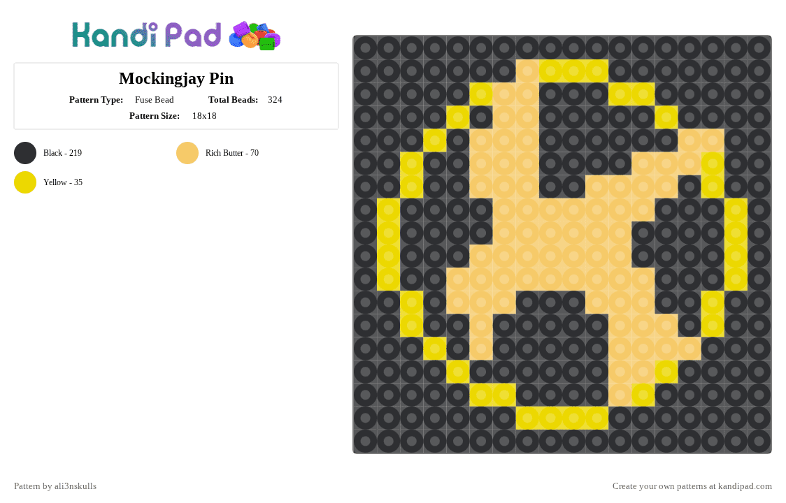 Mockingjay Pin - Fuse Bead Pattern by ali3nskulls on Kandi Pad - yellow,black,the hunger games,katniss,peeta,gale,haymitch,reaping,mockingjay,bird