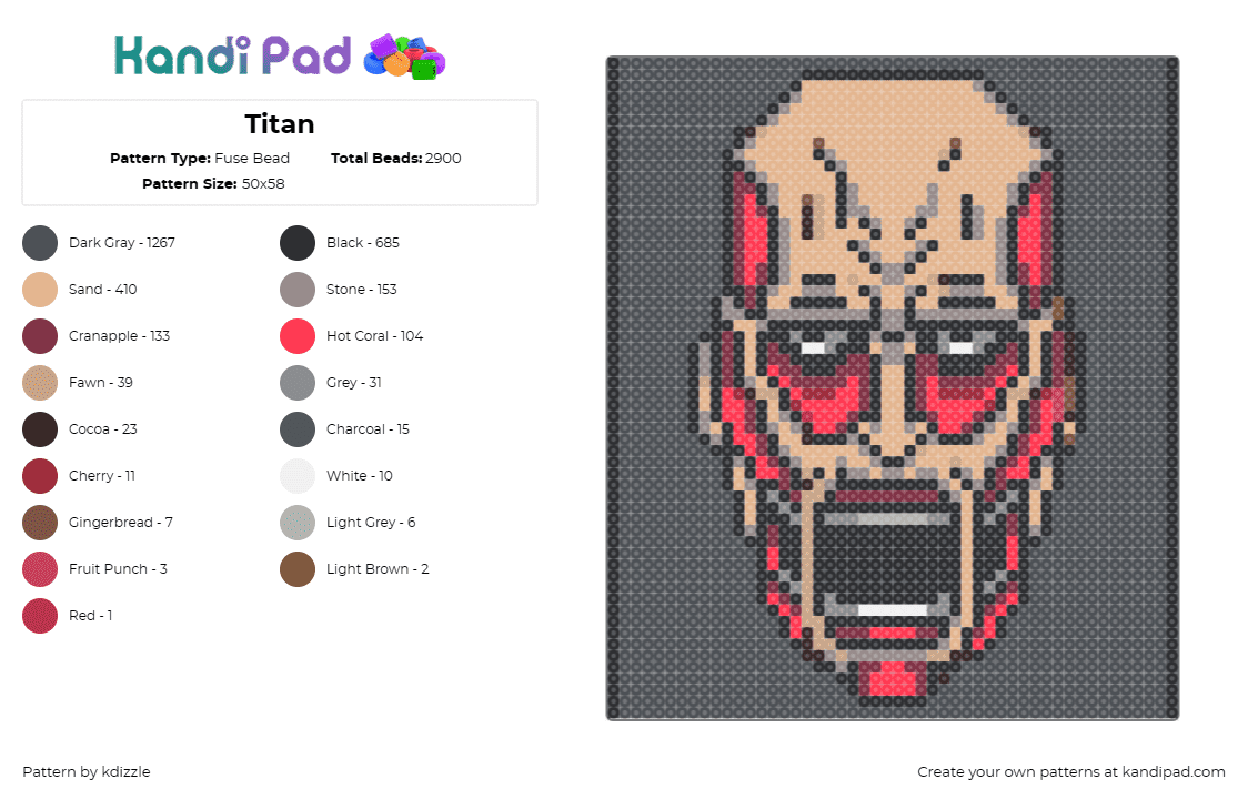 Titan - Fuse Bead Pattern by kdizzle on Kandi Pad - attack on titan,anime,portrait,character,tan,red