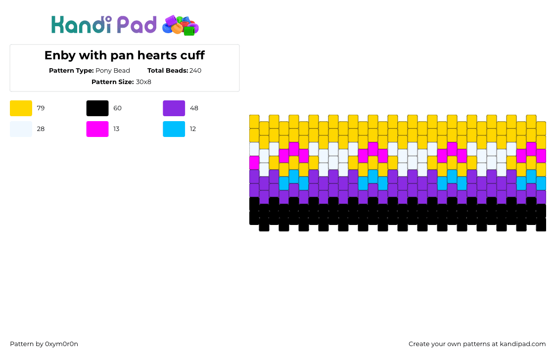 Enby with pan hearts cuff - Pony Bead Pattern by 0xym0r0n on Kandi Pad - nonbinary,pansexual,pride,enby,cuff,yellow,purple