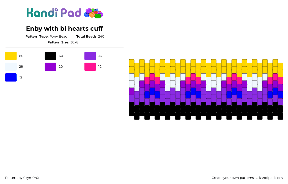 Enby with bi hearts cuff - Pony Bead Pattern by 0xym0r0n on Kandi Pad - nonbinary,bisexual,pride,cuff,yellow,purple