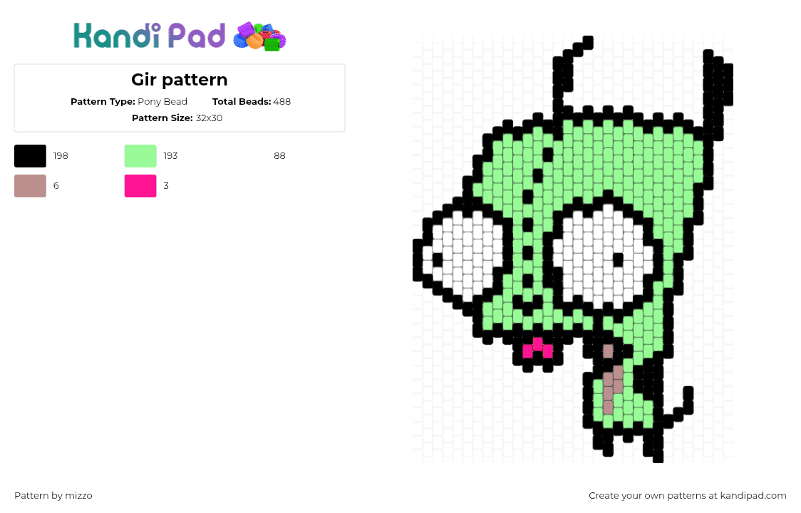 Gir pattern - Pony Bead Pattern by mizzo on Kandi Pad - gir,invader zim,character,cartoon,tv show,charm,green,white