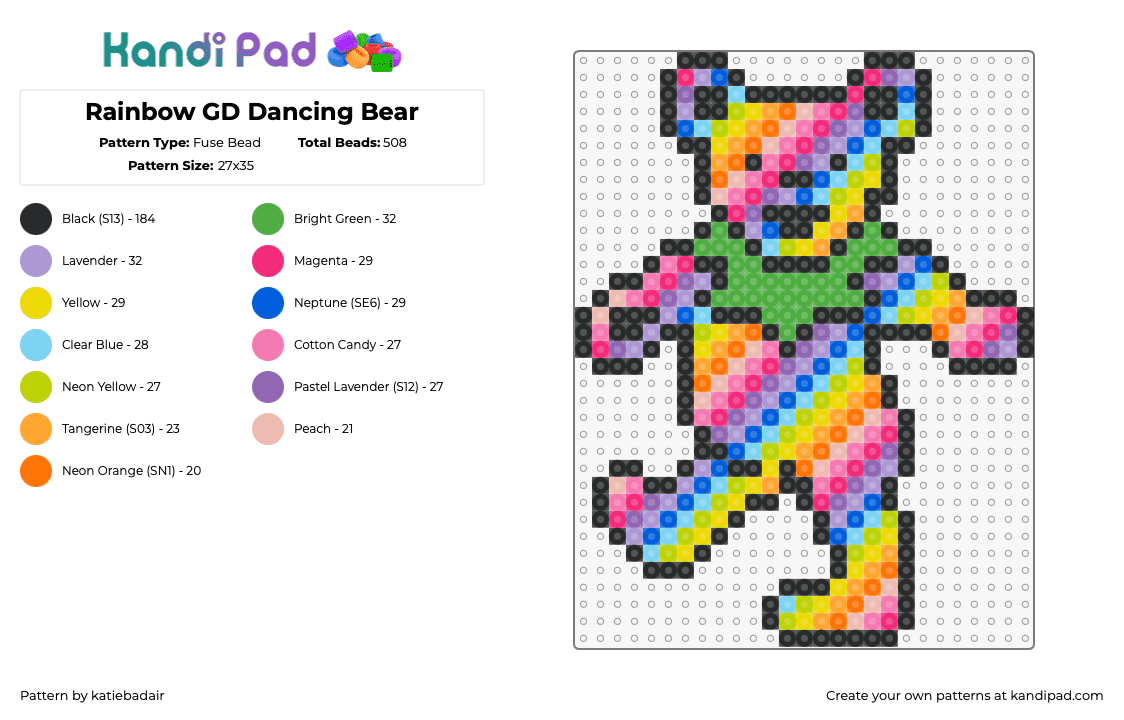 Rainbow GD Dancing Bear - Fuse Bead Pattern by katiebadair on Kandi Pad - grateful dead,bear,dancing,colorful,stripes,band,music,psychedelic