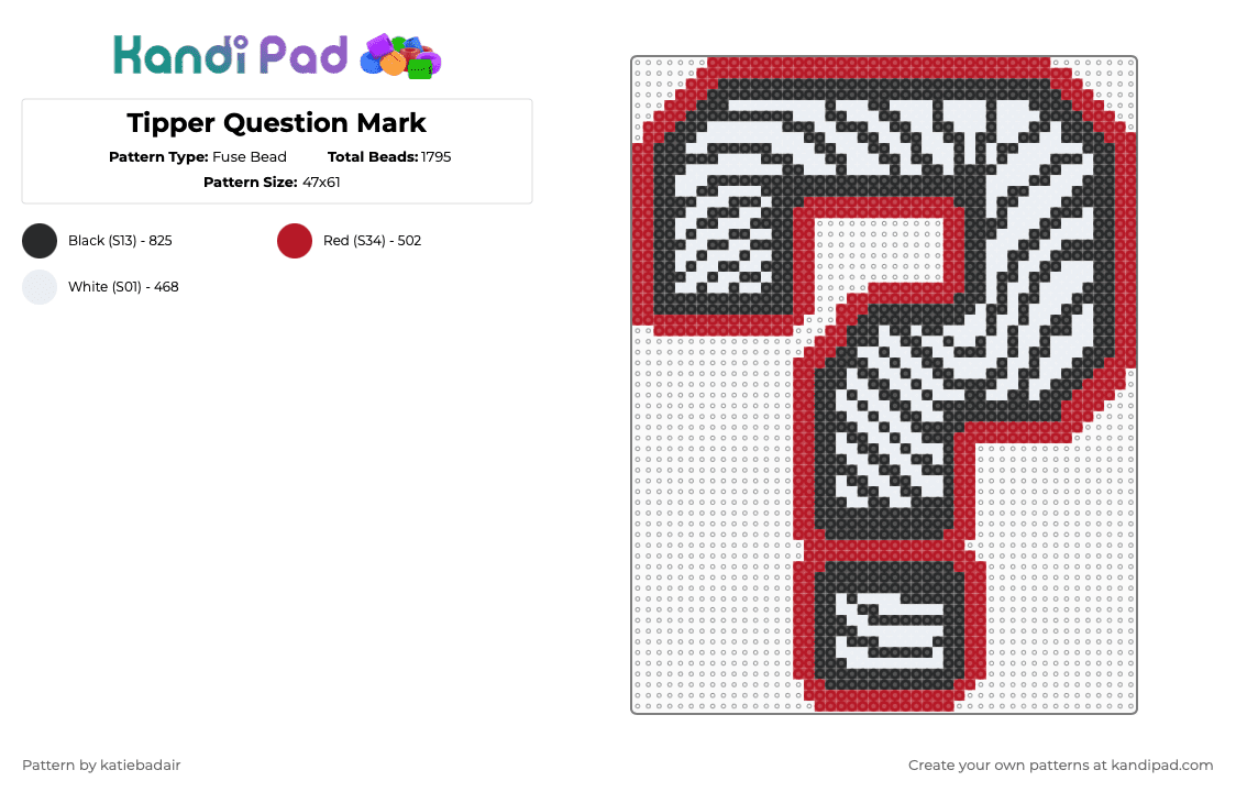 Tipper Question Mark - Fuse Bead Pattern by katiebadair on Kandi Pad - white,red