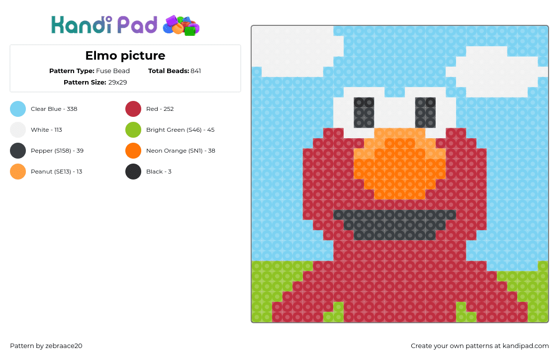 Elmo picture - Fuse Bead Pattern by zebraace20 on Kandi Pad - elmo,sesame street,portrait,children,character,red,light blue