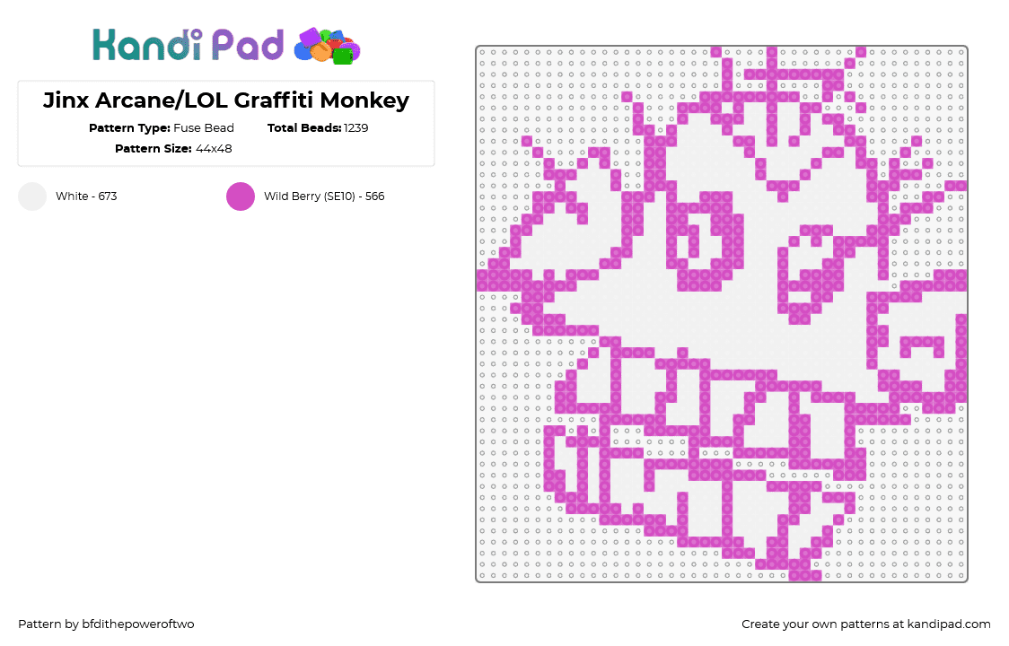 Jinx Arcane/LOL Graffiti Monkey - Fuse Bead Pattern by bfdithepoweroftwo on Kandi Pad - monkey,jinx,arcane,graffiti,lol,league of legends,video game,tv show,white,pink