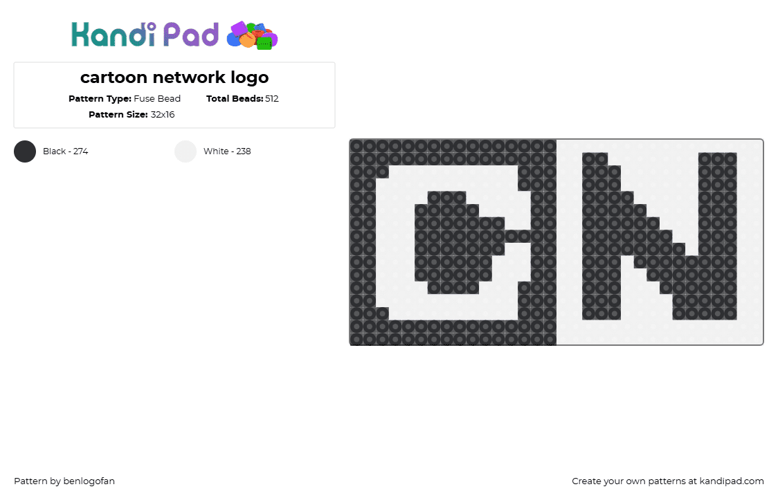 cartoon network logo - Fuse Bead Pattern by benlogofan on Kandi Pad - cartoon network,logo,cn,tv,nostalgia,white,black